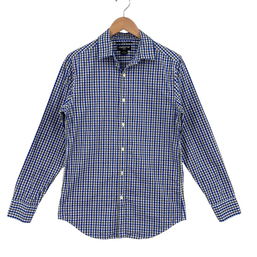 Claiborne Shirt Mens Large Multi Plaid Slim Fit 100% Cotton Collared Button Down
